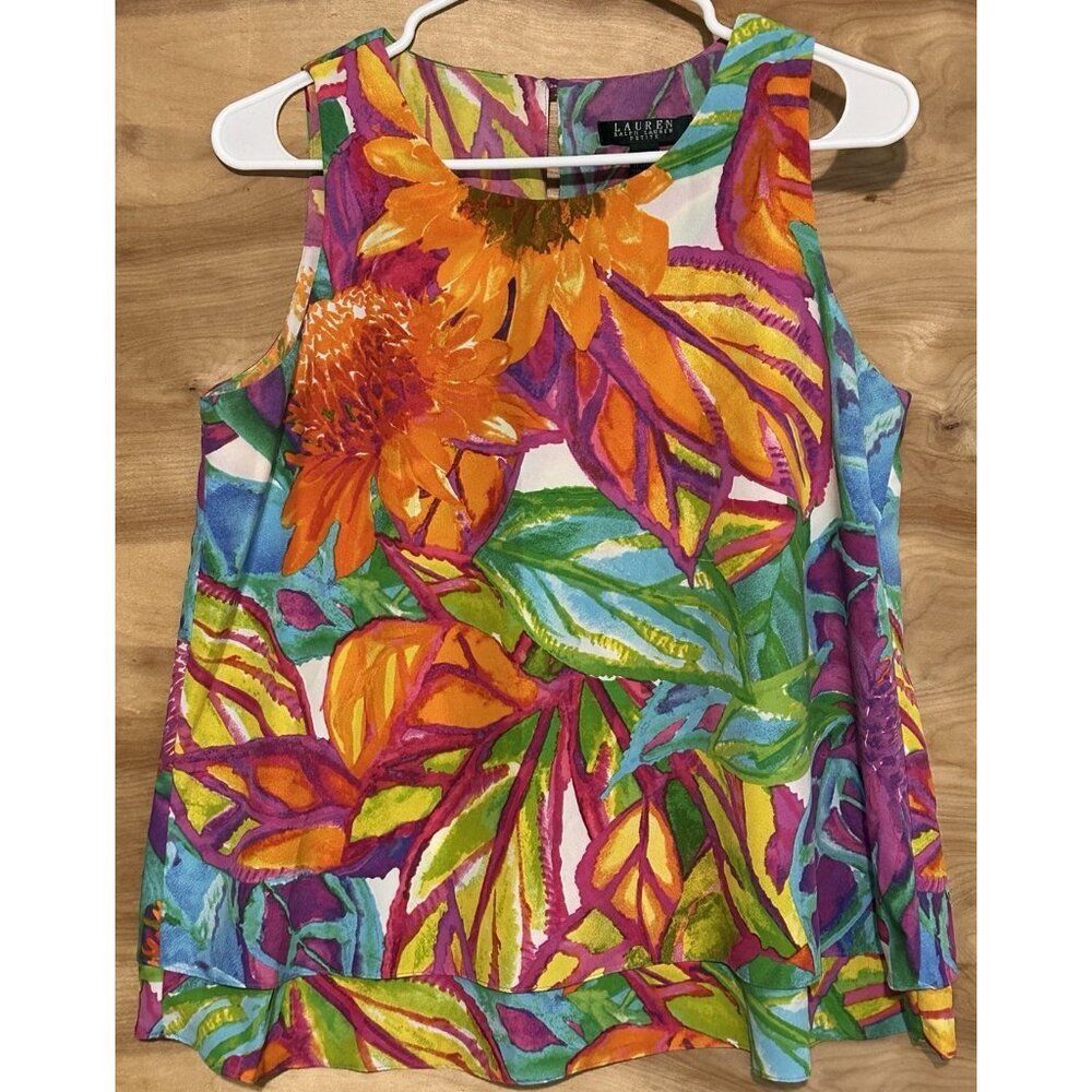 Lauren Ralph Lauren Petite Medium PM Flower Floral Tiered Tank Top blouse